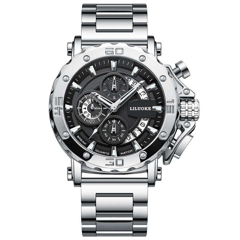 Silver thick luminous waterproof men's quartz watch with black dial and multiple subdials