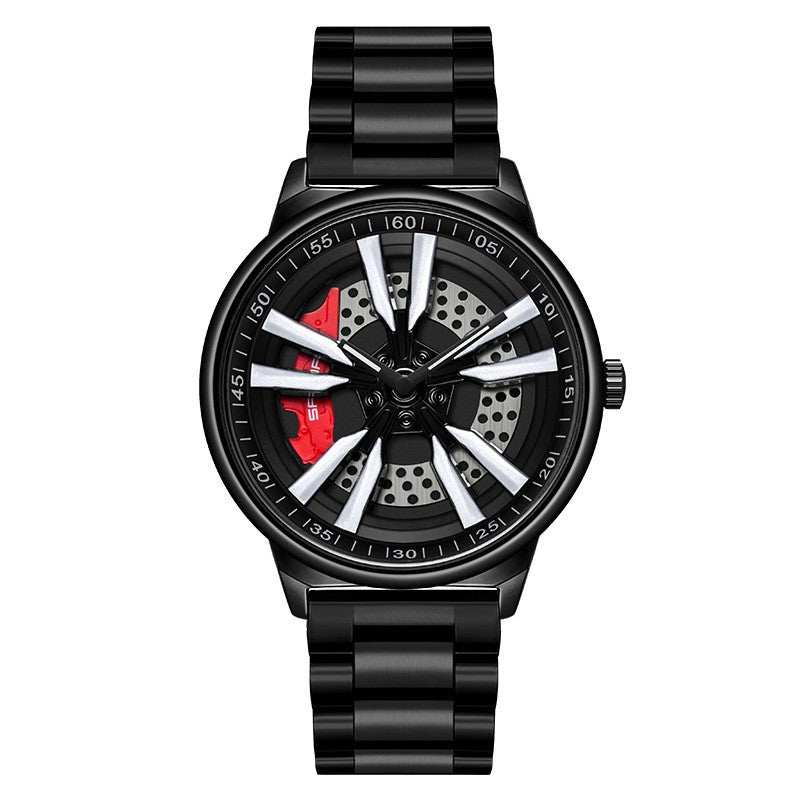 Mens Creative Cool Dial rotating wheel black quartz watch for men with unique dial design and metal strap