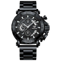Black luminous waterproof men's quartz watch with bold design and rugged metal band