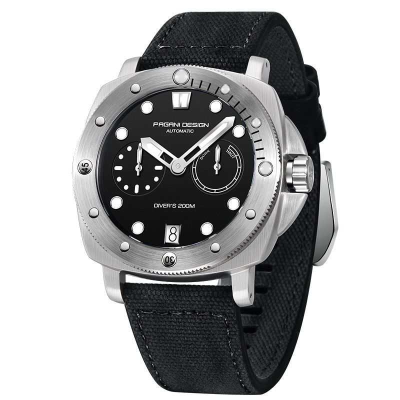 Fashion casual waterproof mechanical watch with stainless steel case, black dial, and black fabric strap.