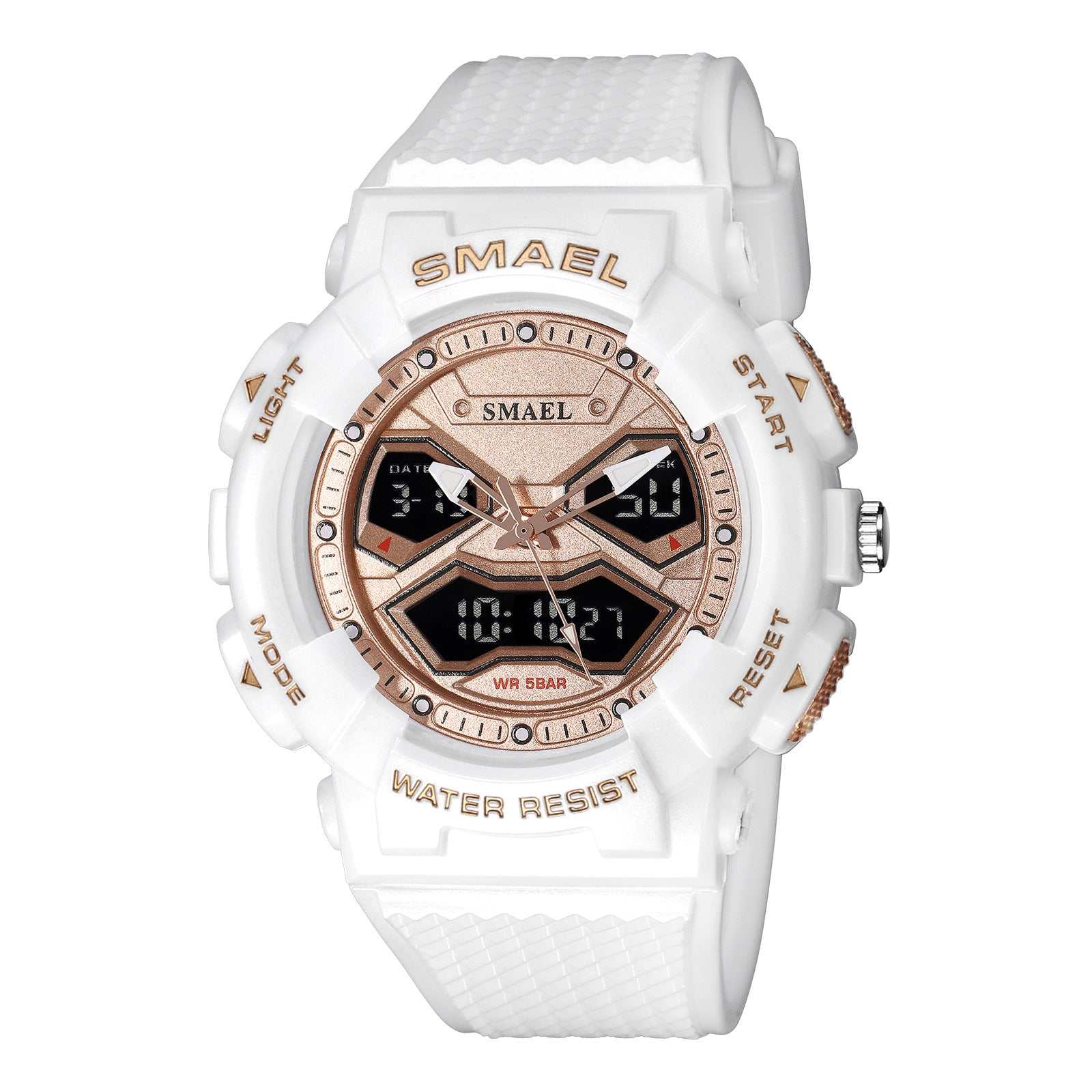 White men's double display digital electronic watch with rose gold accents and water-resistant design