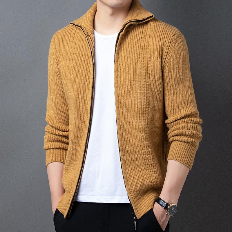 Men's spring and autumn outerwear casual sweater in camel with zipper front and ribbed texture.