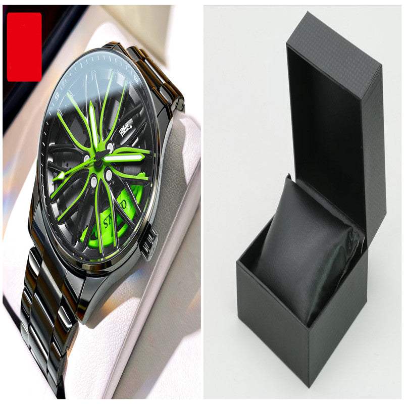 Fashion men's hollowed-out luminous waterproof quartz wristwatch with green accents and black metal band, shown with black cushioned gift box.