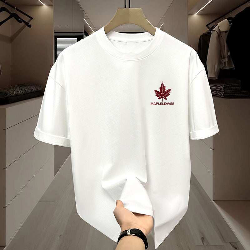 White ice silk short sleeve men's pullover with red maple leaf print and "MAPLELEAVES" text
