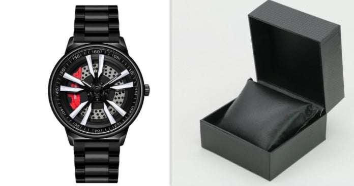 Mens Creative Cool Dial rotating wheel quartz watch with black metal strap and unique dial design, shown with black presentation box.
