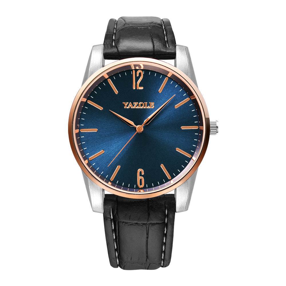Men's Fashion Belt Quartz Watch with blue dial, rose gold accents, and black leather strap