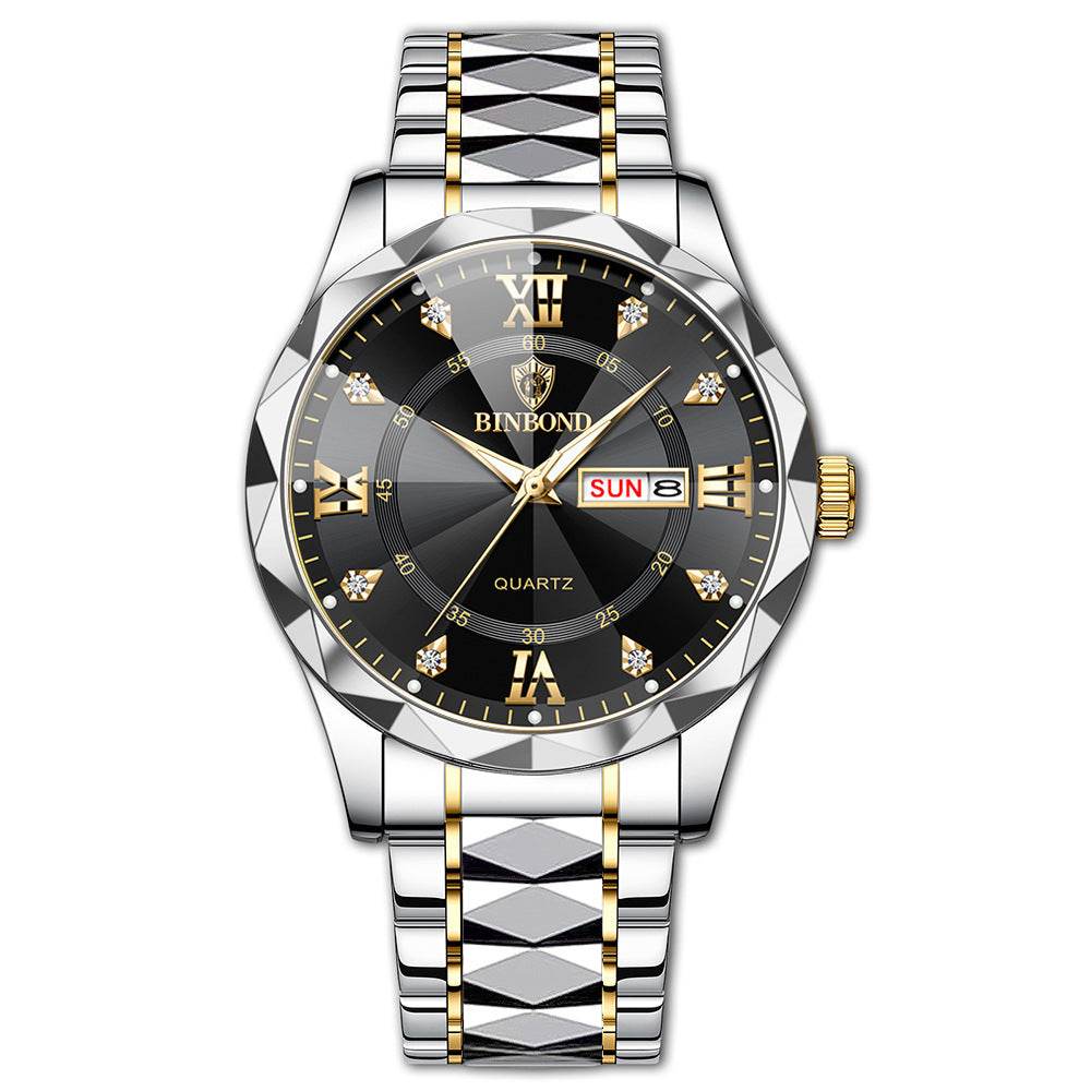 Waterproof luminous dual calendar men's watch with black dial, silver and gold-tone stainless steel band, and day-date display