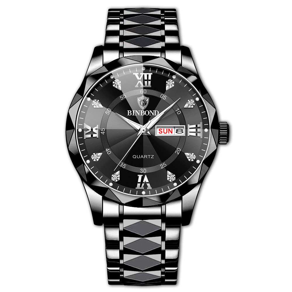 Waterproof luminous dual calendar men's watch with black dial and stainless steel strap