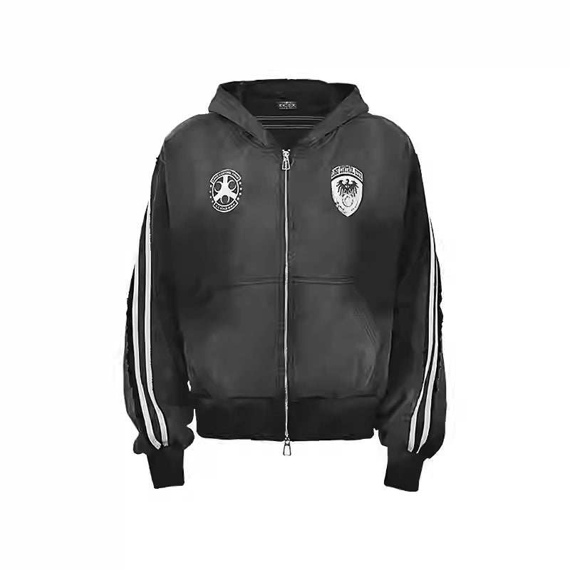 Black Essentials Hoodie with white printed stripes and vintage style emblems, zip-up front and ribbed cuffs.