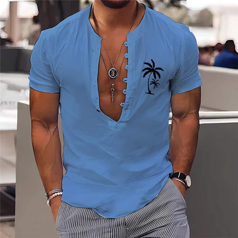 Men's blue summer short sleeve shirt with 3D digital printing palm tree design