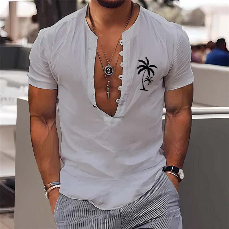 Men's summer short sleeve white shirt with 3D digital printed palm tree design