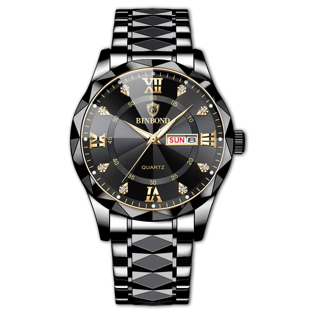 Waterproof luminous dual calendar men's wristwatch with black dial and stainless steel band