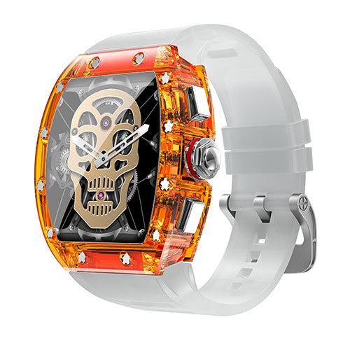 Fashion YD5 Smart Mechanical Watch with orange transparent case, skull dial design, and white silicone strap.