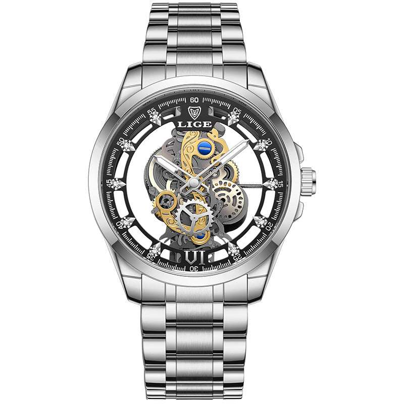 poedagar watch with silver metal band and skeleton dial showcasing intricate gears and mechanical design