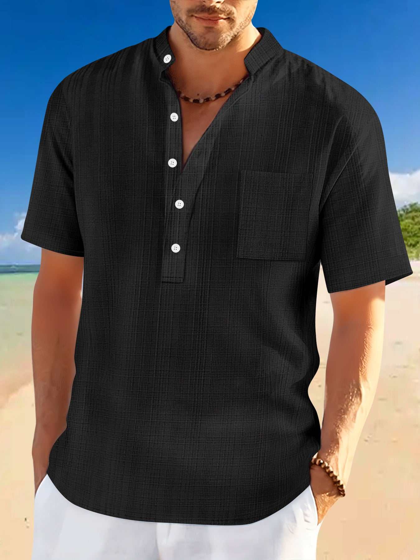 Black casual stand collar Henley shirt with short sleeves and chest pocket for summer leisure wear