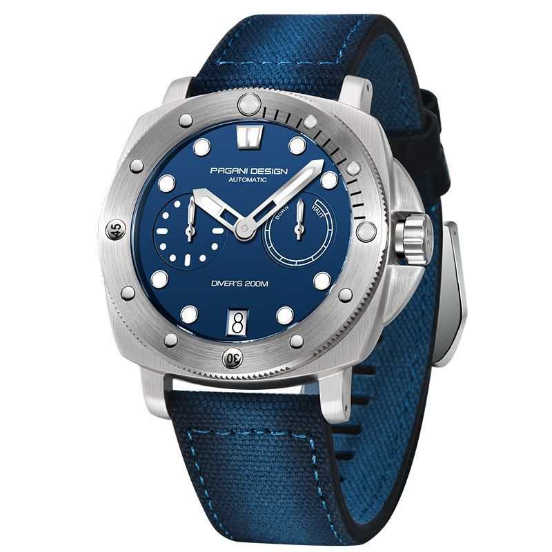 Fashion casual waterproof mechanical watch with blue dial and strap, stainless steel case, automatic movement, and date display.