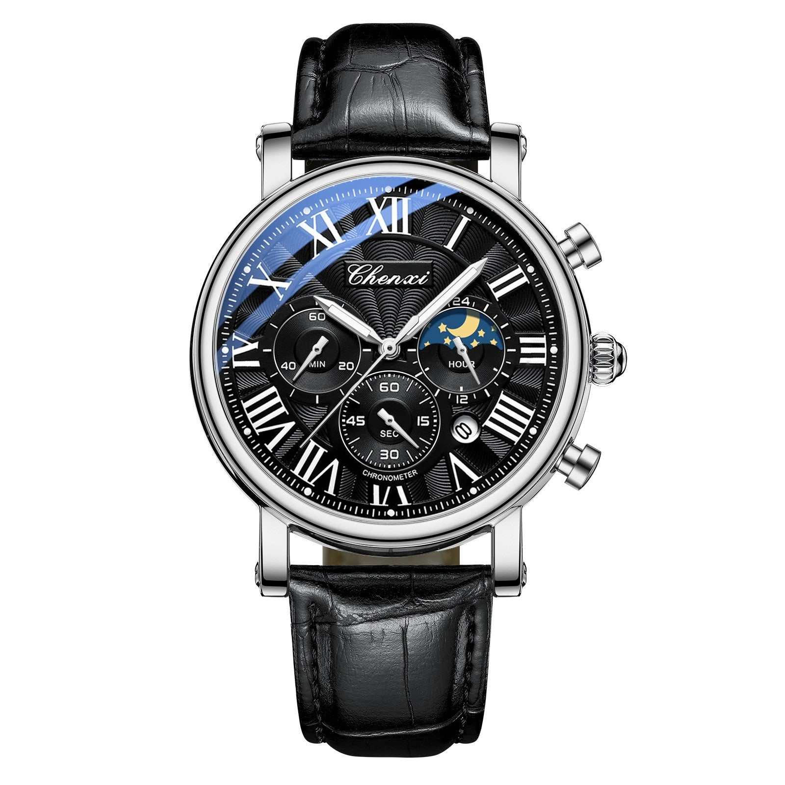 Men's multifunctional waterproof watch with alloy case and black leather strap, featuring day, date, and 24-hour subdials in a business-style design