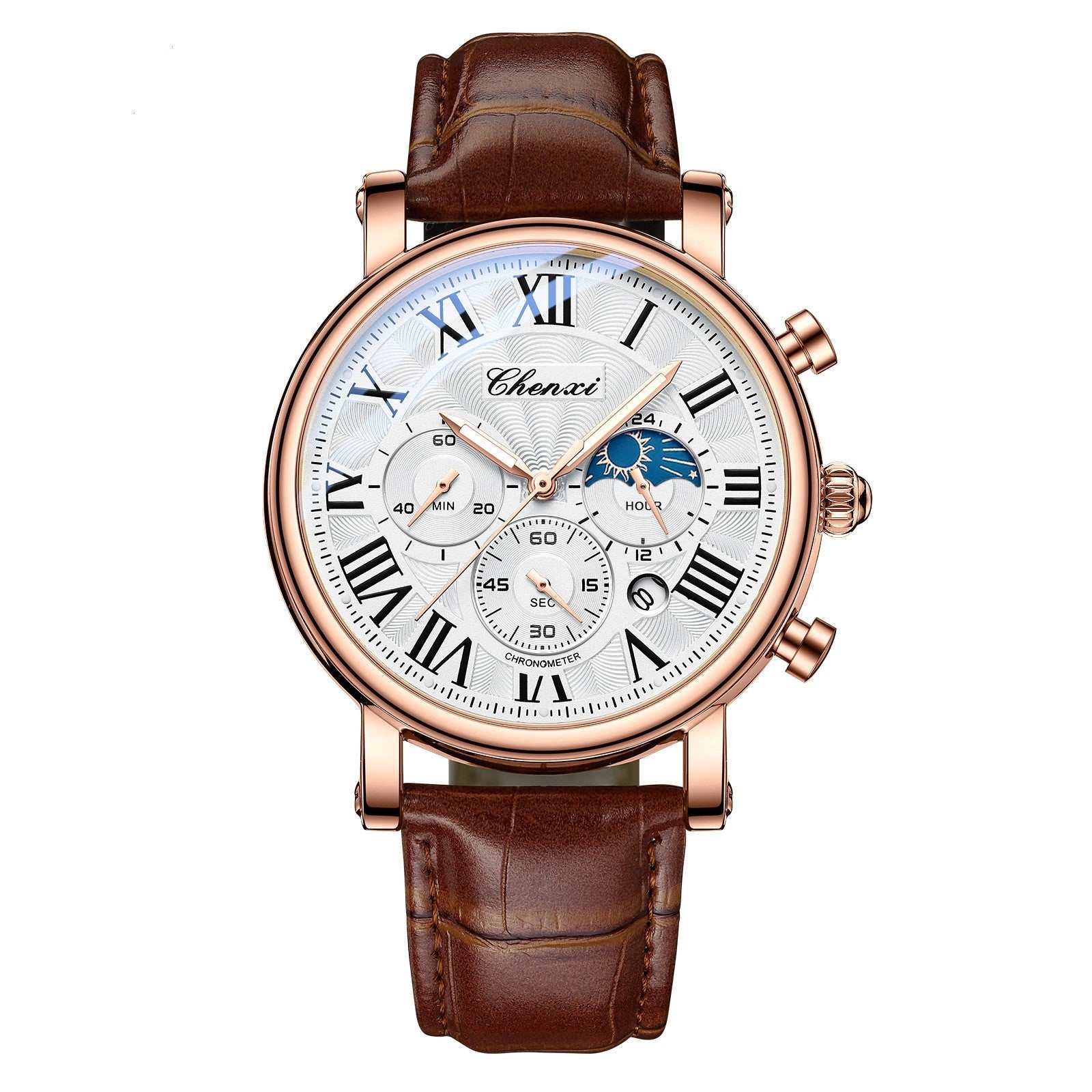 Men's waterproof multifunctional business watch with alloy case and brown leather strap
