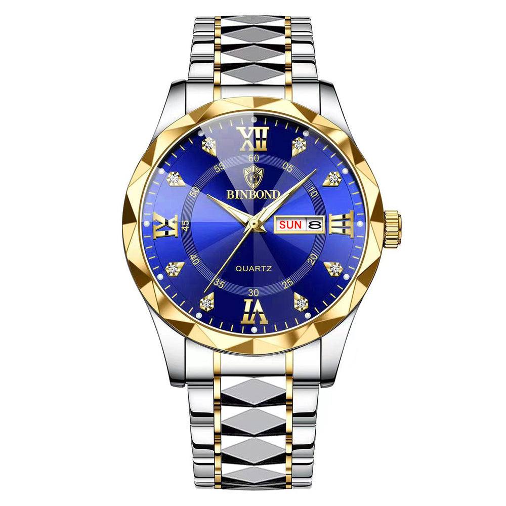 Waterproof luminous dual calendar men's watch with blue dial and gold-tone bezel