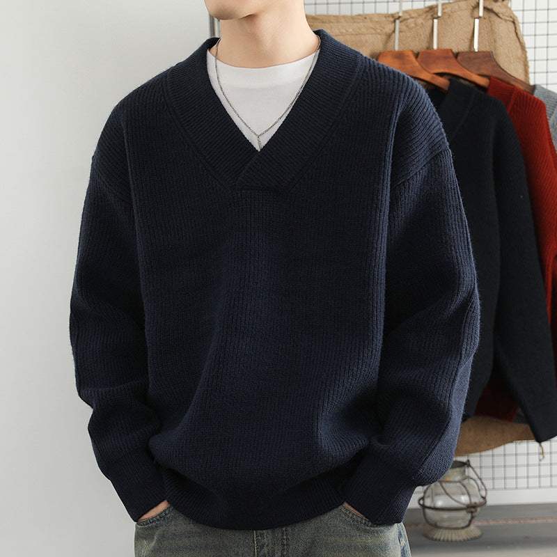 Men's navy blue V-neck coarse yarn knitted sweater with long sleeves and loose fit