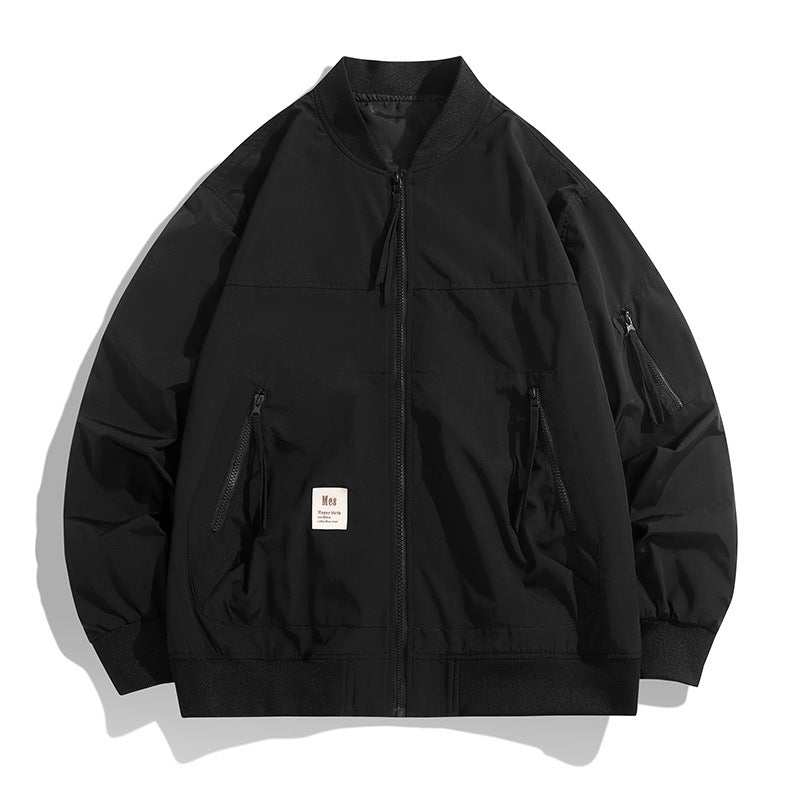 Black men's baseball collar charging coat with full front zipper and long sleeves