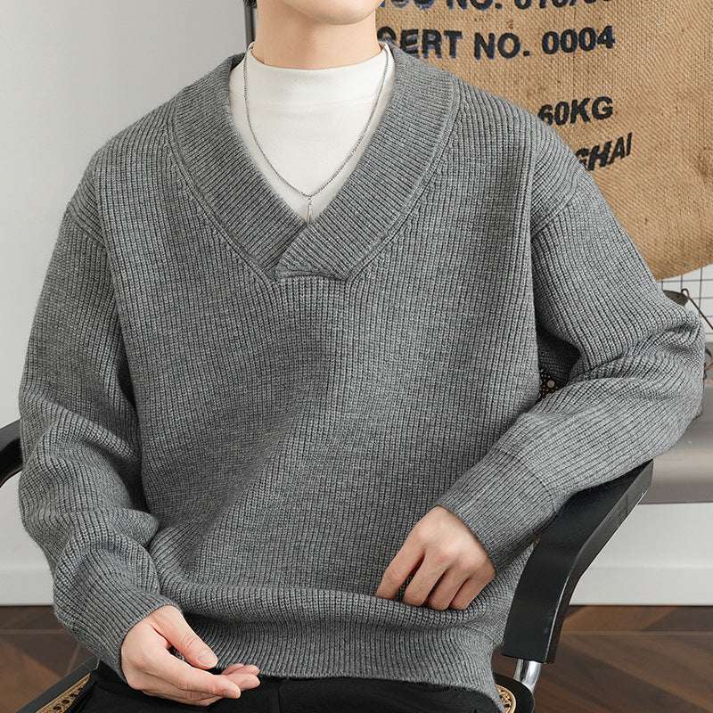 V-neck fashion men's solid color gray coarse yarn knitted sweater with cotton blend fabric and long sleeves