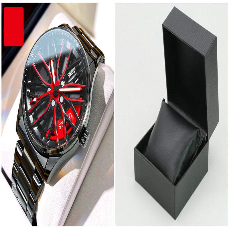 Fashion men's hollowed-out luminous waterproof quartz watch with black and red dial and metal strap, displayed with black watch box.