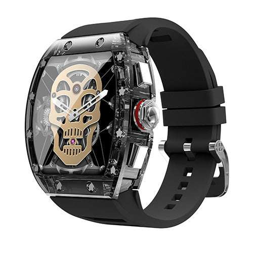 Fashion YD5 Smart Mechanical Watch with skull design, transparent case, black strap, and multi-function features