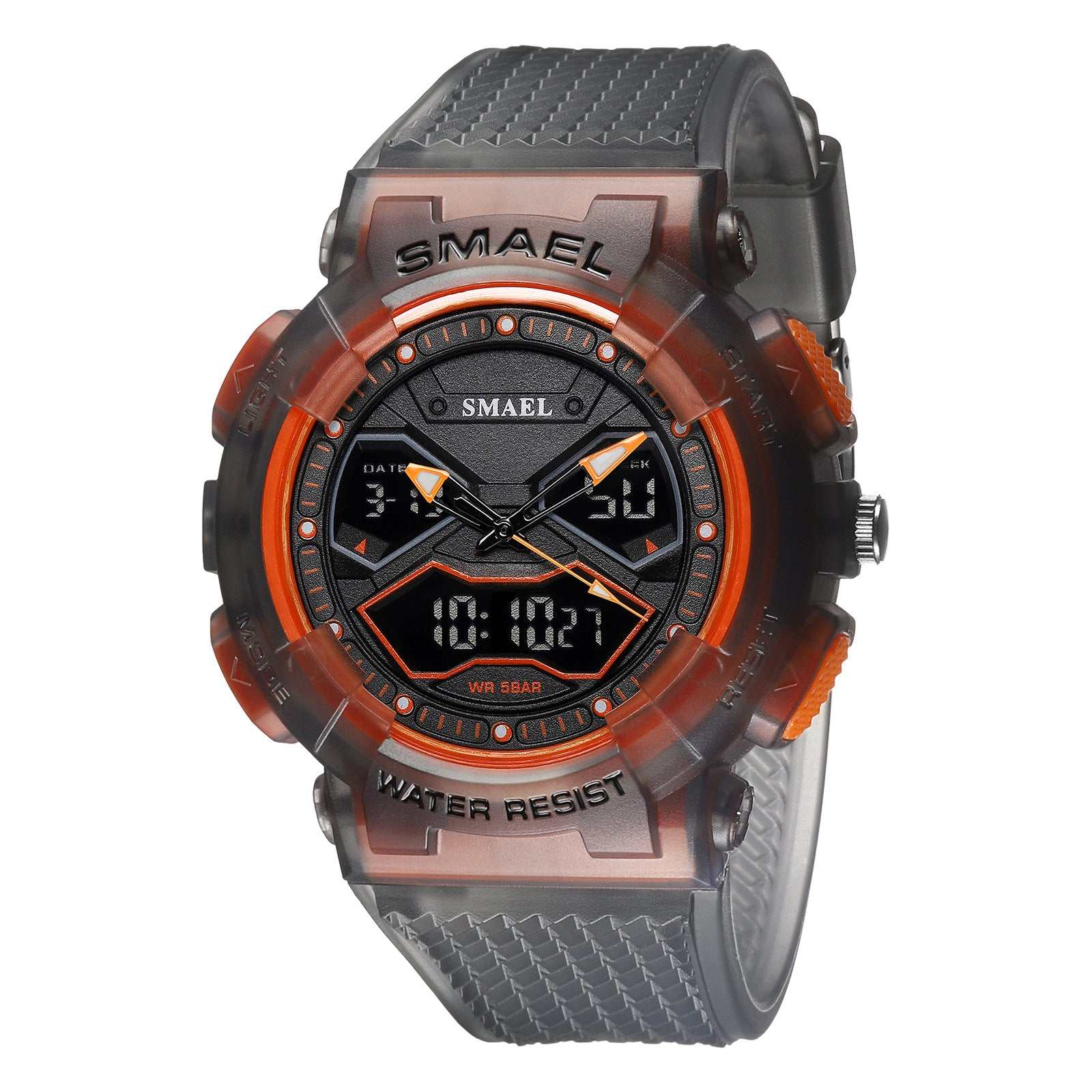 Men's double display digital electronic watch with black and orange design, water-resistant and dual time feature