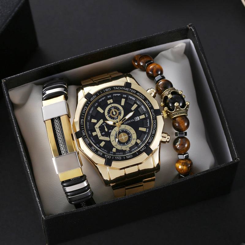 Quartz watch with gold-tone metal band and black dial, presented in a gift box with matching black and gold bracelet and beaded bracelet with crown charm.