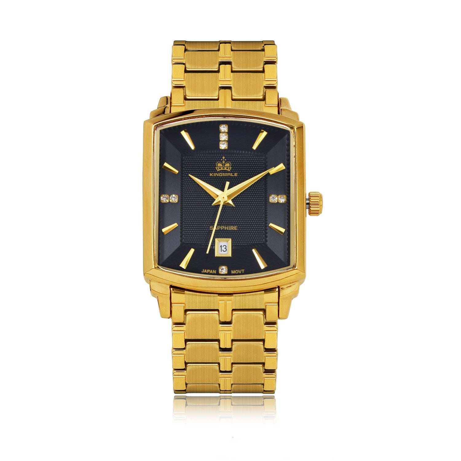 Men's gold square waterproof quartz watch with black dial and date display