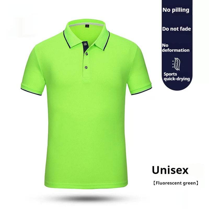 Unisex fluorescent green quick-drying work clothes short sleeve polo shirt with collar and button placket
