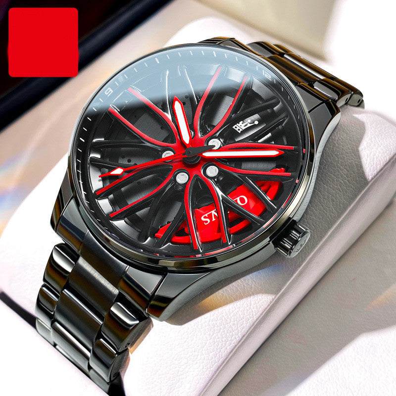 Fashion men's hollowed-out luminous waterproof quartz watch with stainless steel band and red-black skeleton dial design.
