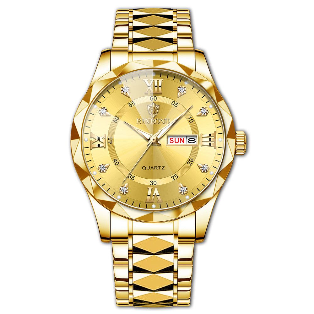 Gold waterproof luminous men's watch with dual calendar and quartz movement