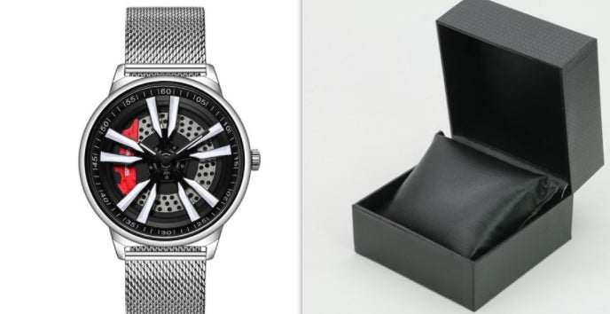 Mens Creative Cool Dial rotating wheel quartz watch with silver mesh strap and black dial, shown with black presentation box
