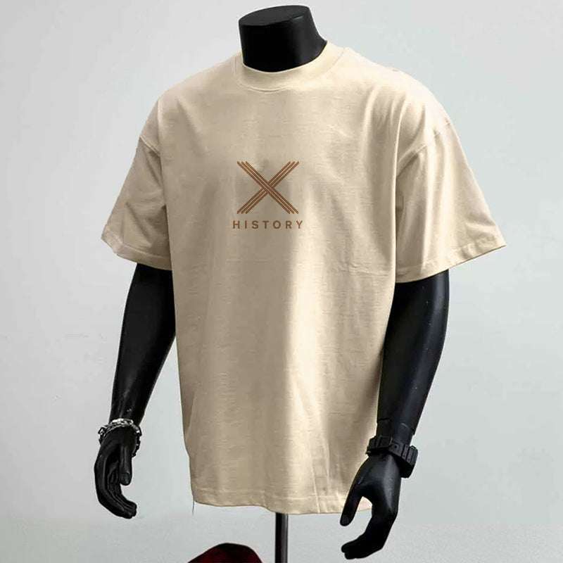 Beige cotton loose heavy short sleeve T-shirt with "History" text and crossed lines design on front