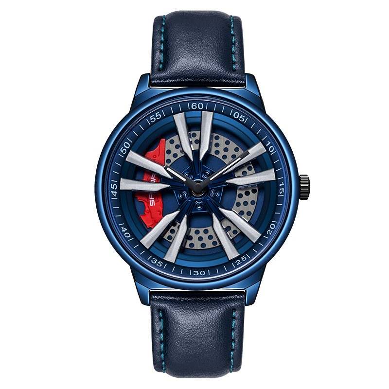 Mens Creative Cool Dial rotating wheel quartz watch with blue leather strap and modern stylish design