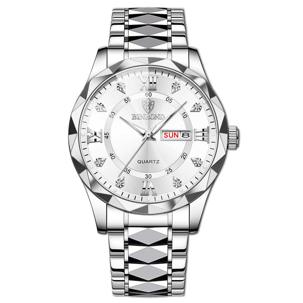 Waterproof luminous dual calendar men's watch with silver stainless steel band and white dial displaying day and date