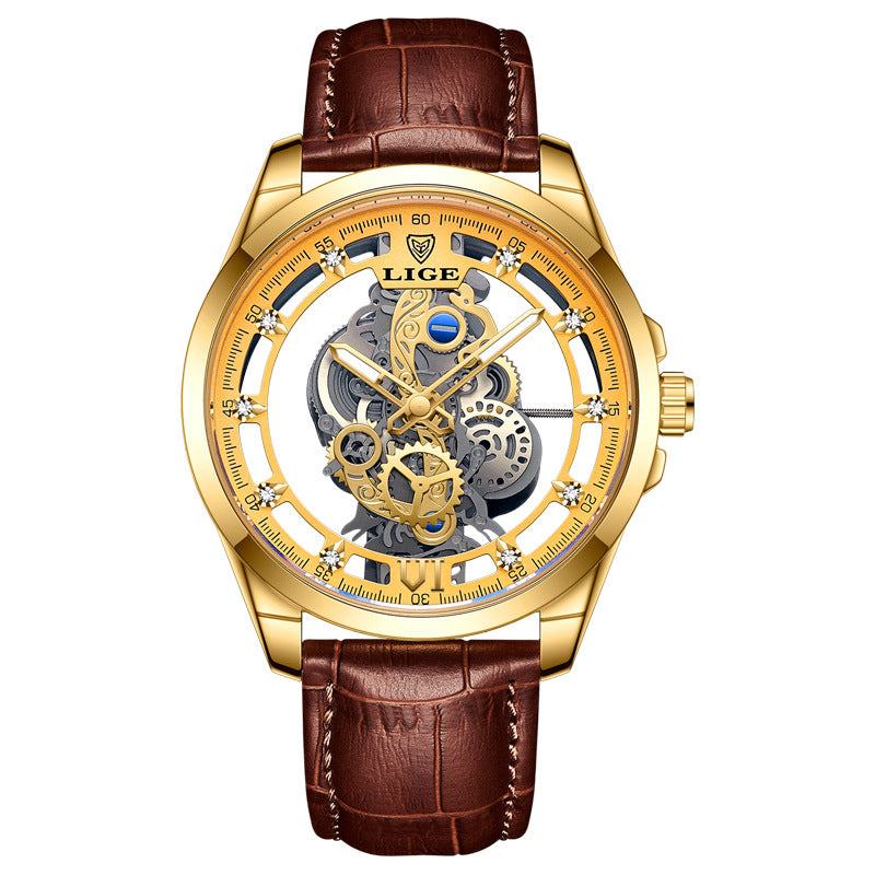 poedagar watch gold case with visible mechanical gears and brown leather strap