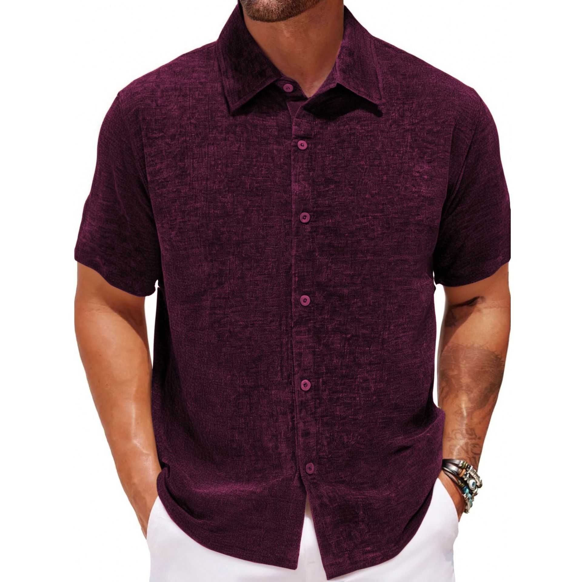 Men's casual short sleeve shirt in purplish red coffee gold velvet fabric with square collar and button front