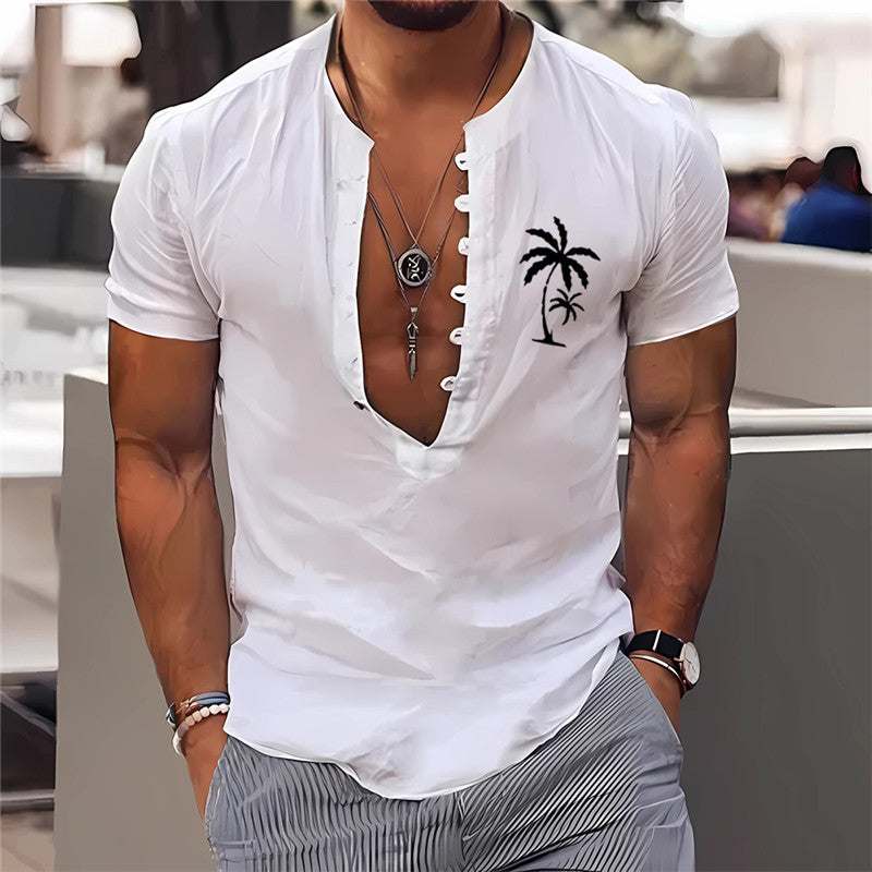Men's summer short sleeve shirt with 3D digital printing palm tree design, lightweight and breathable fabric