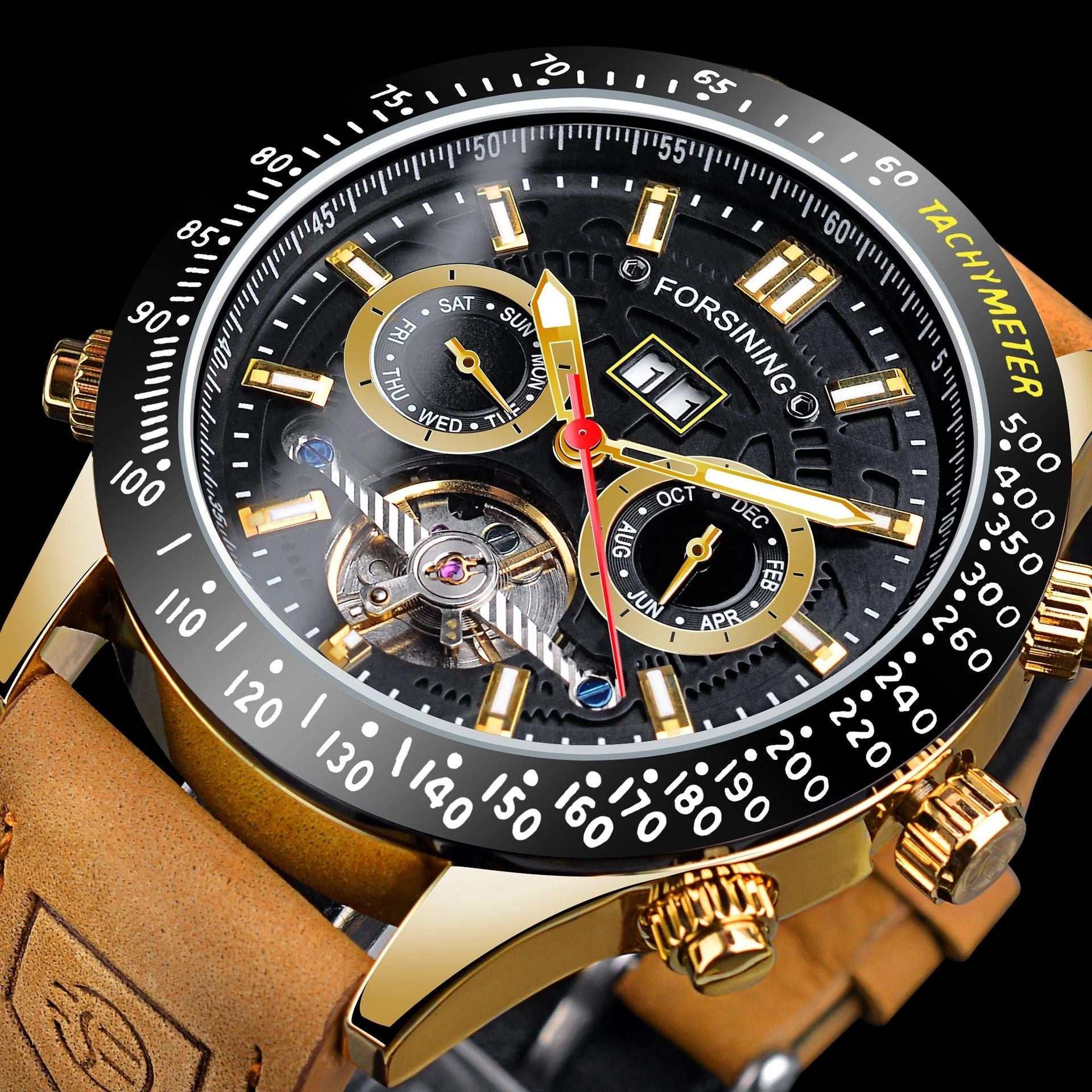 Versatile men's stylish automatic mechanical watch with gold accents, black dial, tachymeter bezel, and brown leather strap.