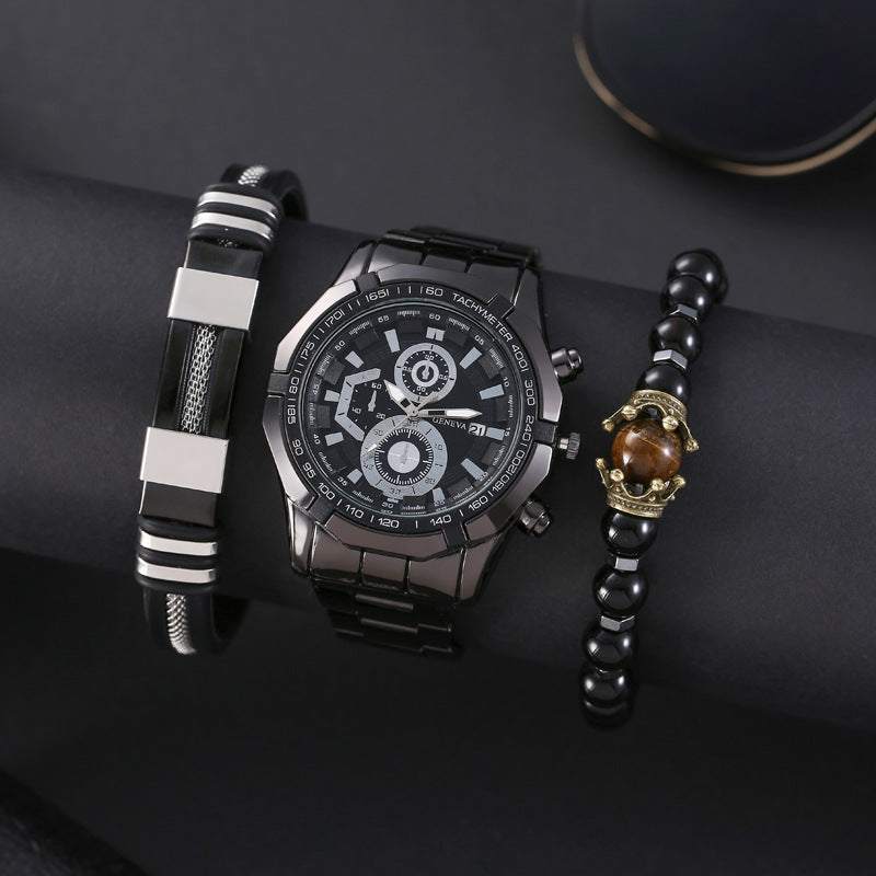 Black stainless steel quartz watch with multifunction dial and two stylish bracelets on black background