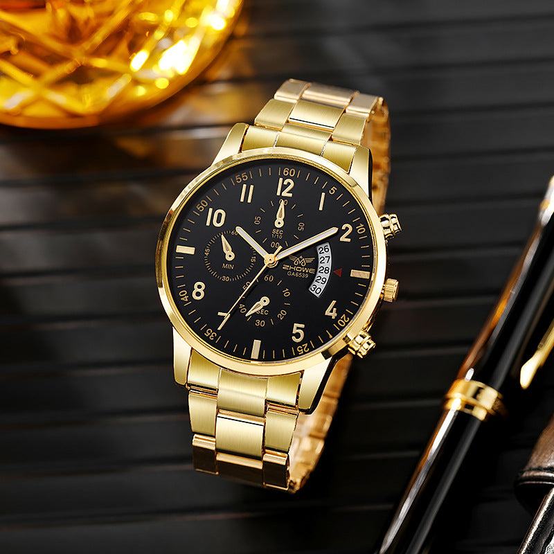 Gold men's multifunctional quartz watch with black dial, stopwatch, date display, and luminous hands on metal bracelet