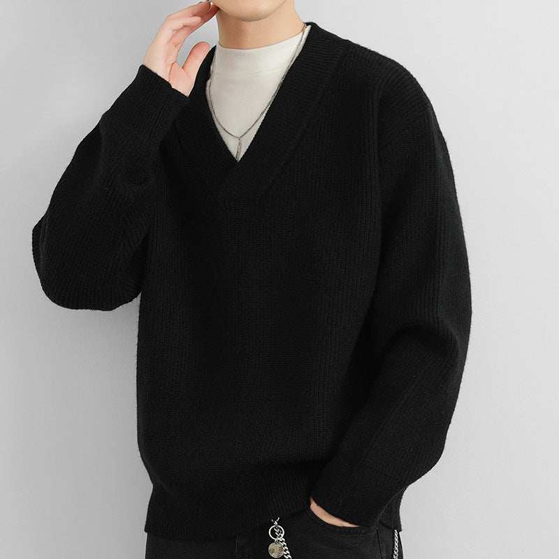 Men's black V-neck coarse yarn knitted cotton blend pullover sweater with long sleeves, loose fit.