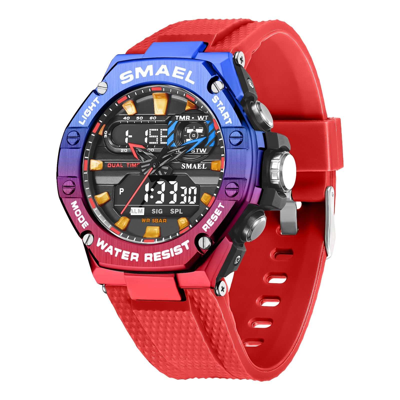 Digital Alloy Electronic Watch men’s multifunctional waterproof timepiece with red strap and digital display