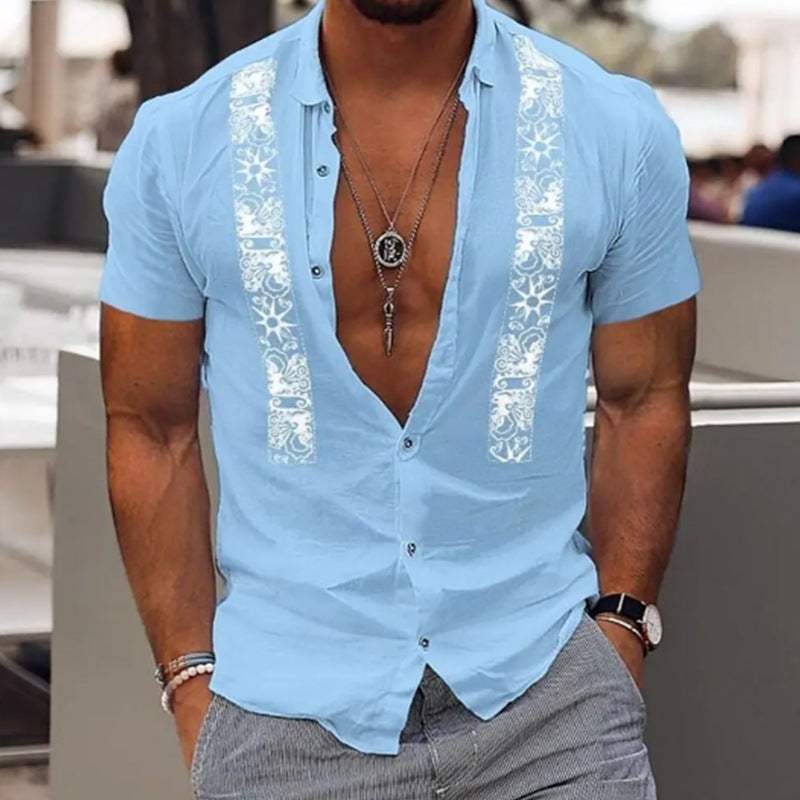 Fashion men's light blue Hawaiian short sleeve shirt with white embroidered vertical stripes, casual loose fit cotton fabric for beach and holiday wear