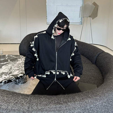 Black handmade pearl decorated hooded cardigan sweater for men and women