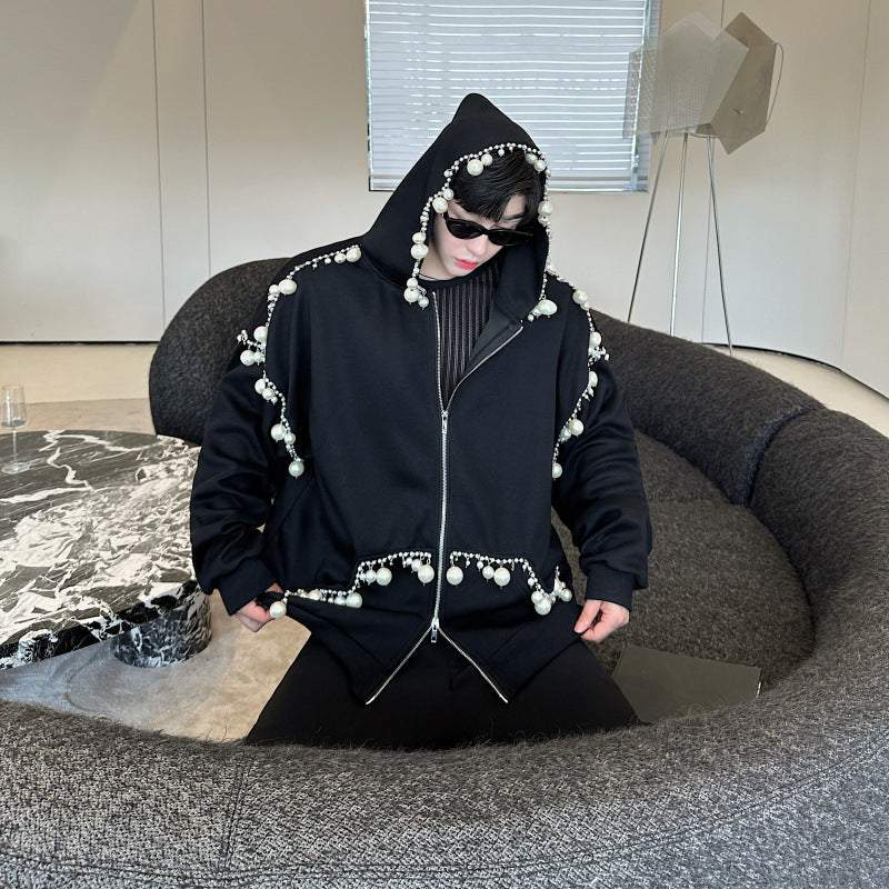 Black handmade pearl decorated hooded cardigan sweater for men and women