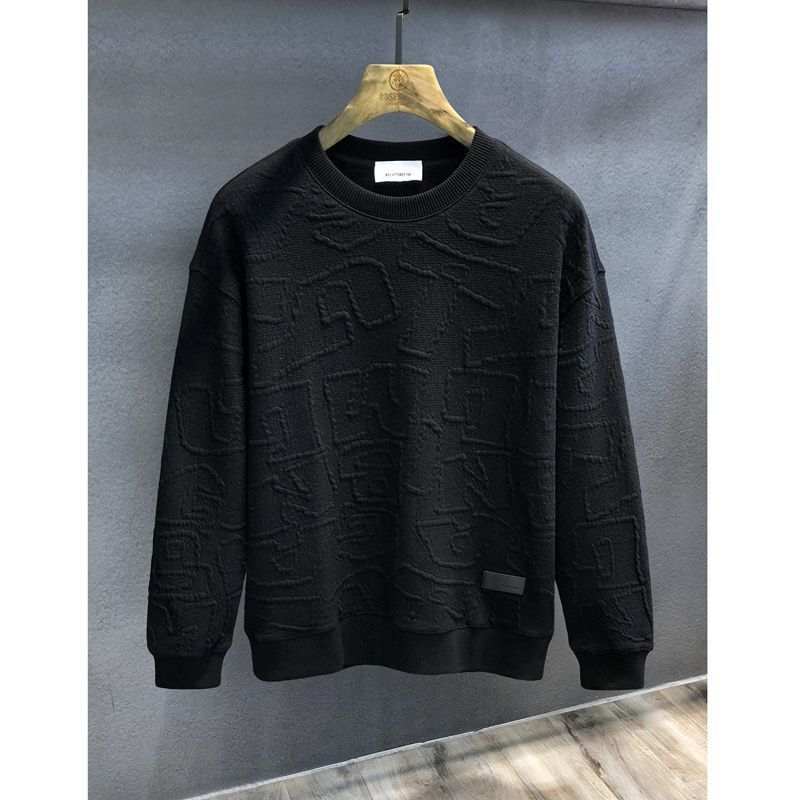 Black texture jacquard heavy round neck men's sweater with long sleeves, slim fit, made of pure cotton for autumn.